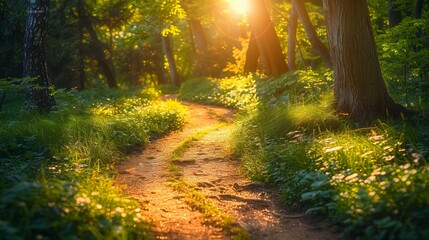Obraz premium A path through a forest with sunlight shining through the trees