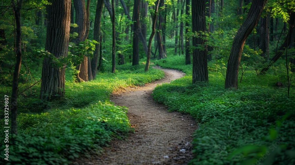 Poster A path through a forest with trees on both sides