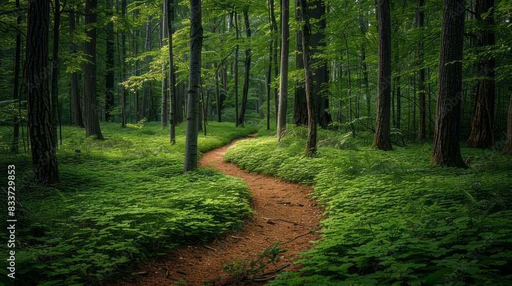 Poster A path through a forest with trees on both sides