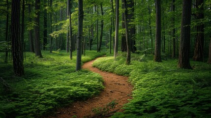 Fototapeta premium A path through a forest with trees on both sides