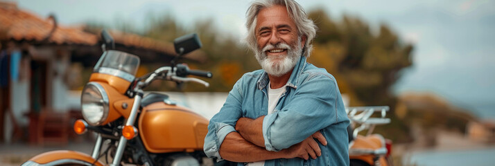 A retired man enjoys his hobby of motorcycle riding, standing proudly in nature with a cheerful smile