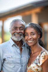 Obraz premium A happy senior couple embraces in their yard, enjoying their life together with laughter