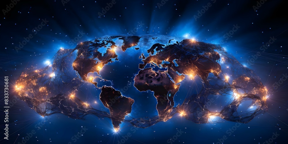 Poster earth depicted with glowing nodes symbolizing global digital network connectivity. concept digital c