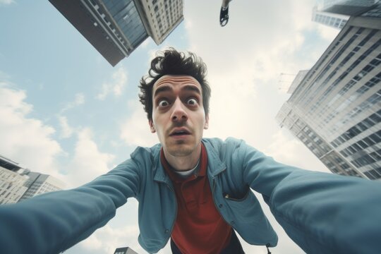 Man Looking down with Surprised Expression in Urban Setting, ugc