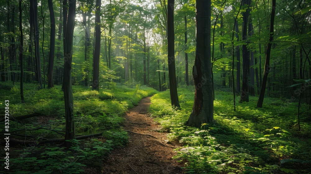 Poster A path through a forest with sunlight shining through the trees