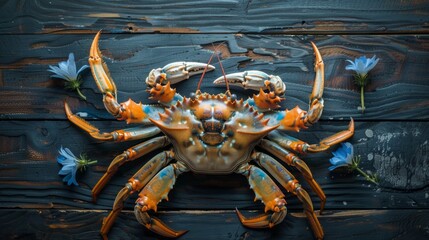 A crab is on a wooden table with blue flowers