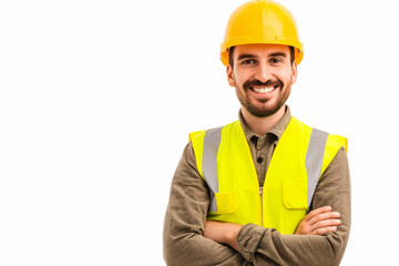 smiling man in a yellow safety vest and hard hat with arms crossed, standing against a white background
