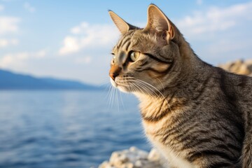 Obraz premium Portrait of a cute serengeti cat isolated on serene seaside background