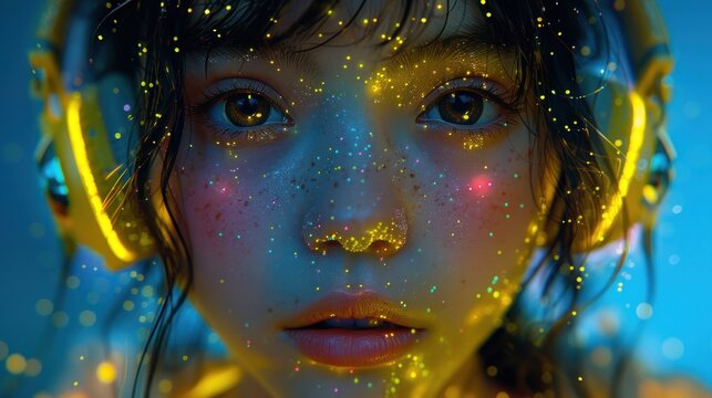 Depict a cosmic gyaru character adorned with neon yellow headphones, exuding an alluring charm with remarkable attention to detail and enhanced by radiant lighting, evoking a sense of cosmic elegance