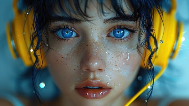 Craft an imaginative cosmic gyaru character adorned with neon yellow headphones, showcasing incredible detail and illuminated by glowing lighting, radiating a sense of celestial allure and charm.