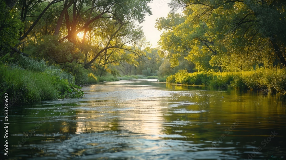 Poster a river with trees on either side and the sun shining on the water