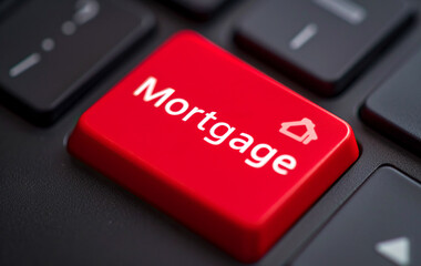 Red button with word Mortgage on computer keyboard. Easy approval of application and obtaining credit. Online banking, home loan concept