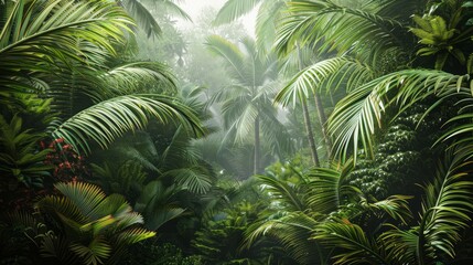 A lush green jungle with palm trees and a misty atmosphere