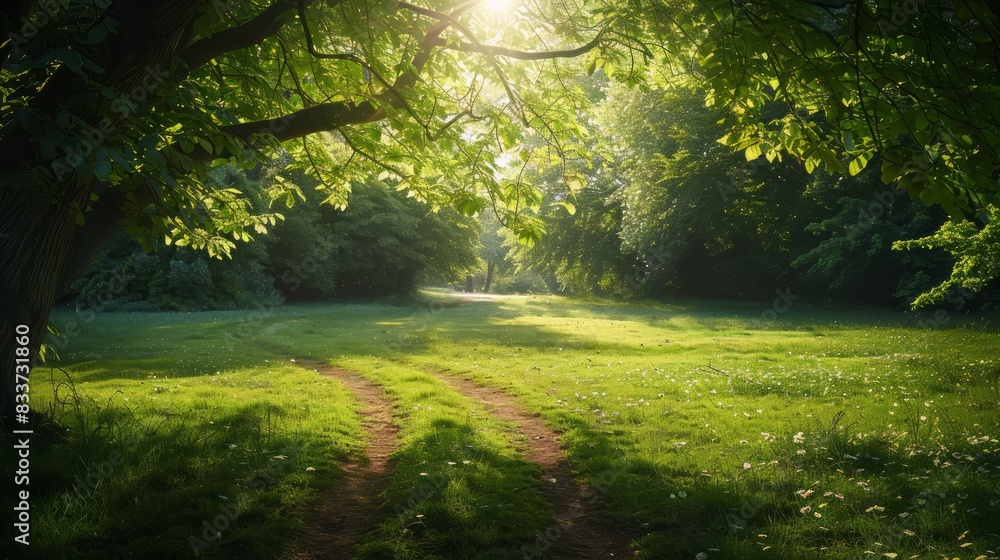 Poster a lush green field with a tree in the middle
