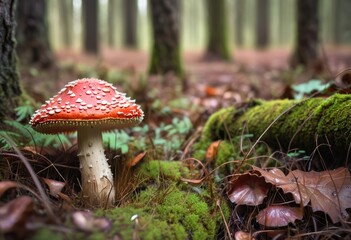big red amanita mushroom in the spring forest, close-up