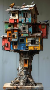 a little building with a lot of hanging on it, in the style of colorful drawings, realistic yet imaginative, arte povera, monumental forms, cabincore, precarious balance, pigeoncore