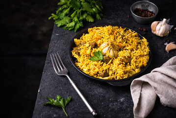 Pilaf, rice with vegetables and lamb meat