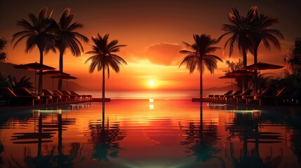 Tropical Sunset Poolside Paradise Relaxing Loungers, Stunning Views, and Golden Hour Hues