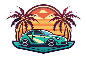 car on the beach with palm trees