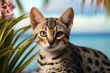 Naklejka premium Portrait of a funny savannah cat in front of tropical island background