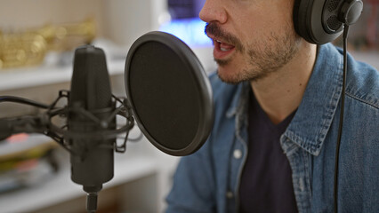 Hispanic man with beard singing indoors at a music studio, showing microphone and headphones.