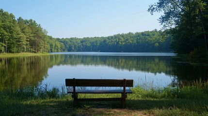 A wooden bench sits on the grass next to a lake