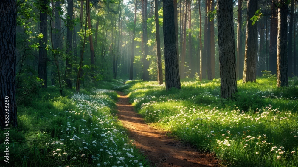 Poster A path through a forest with a lot of trees and flowers