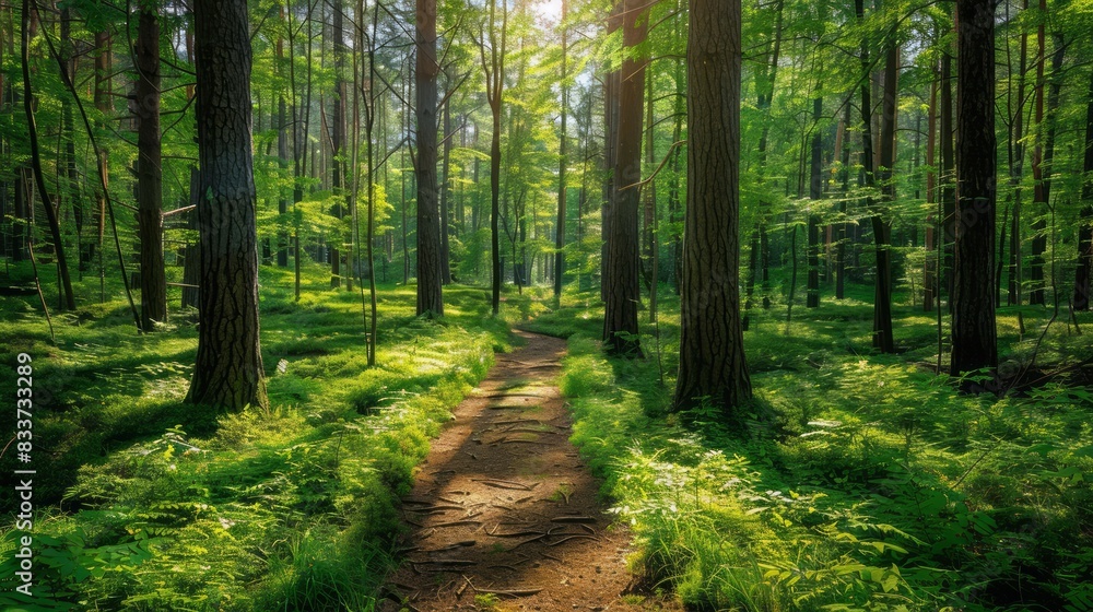 Poster A path through a forest with trees and grass