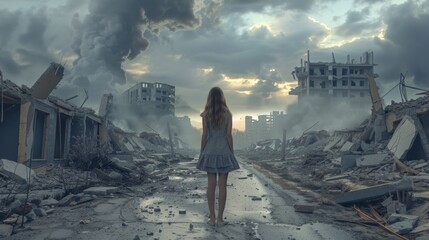 A solitary figure stands amidst the ruins of a war-torn city, a testament to the devastation and the resilience of the human spirit.