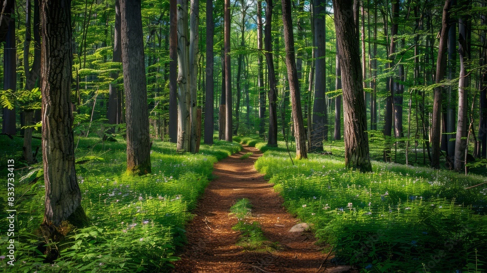 Poster A path through a forest with trees and flowers
