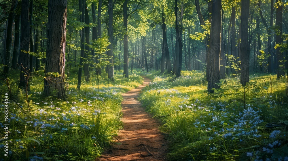 Poster A path through a forest with a lot of trees and flowers