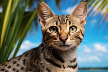 Obraz premium Portrait of a funny savannah cat isolated in tropical island background