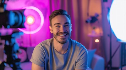 man content creator doing live streaming in front of a camera