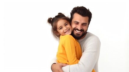 Fototapeta premium Father and daughter hugging with joy, celebrating Father s Day with love and appreciation Isolated white background, copy space