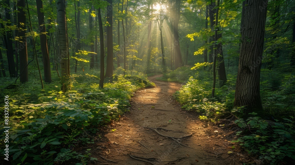Poster A path through a forest with sunlight shining through the trees