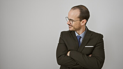 Confident bald businessman with beard in suit against white background