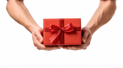 Hands presenting a beautifully wrapped Fathers Day present, capturing the excitement of gifting Isolated white background, copy space