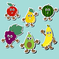Set of stickers. Cartoon fruits. Vector illustration.