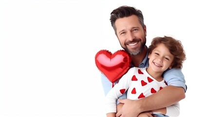 Happy father and child embracing, with a Happy Fathers Day sign, celebrating their special bond Isolated white background, copy space