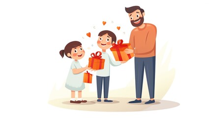 Kids presenting a handmade Father s Day card to their dad, who beams with pride and joy Isolated white background, copy space