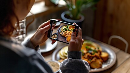 woman content creator taking a photo of food on their smartphone