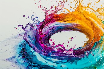 Fototapeta premium Abstract circle liquid motion flow explosion. Curved wave colorful pattern with paint drops on a white background, AI-generated