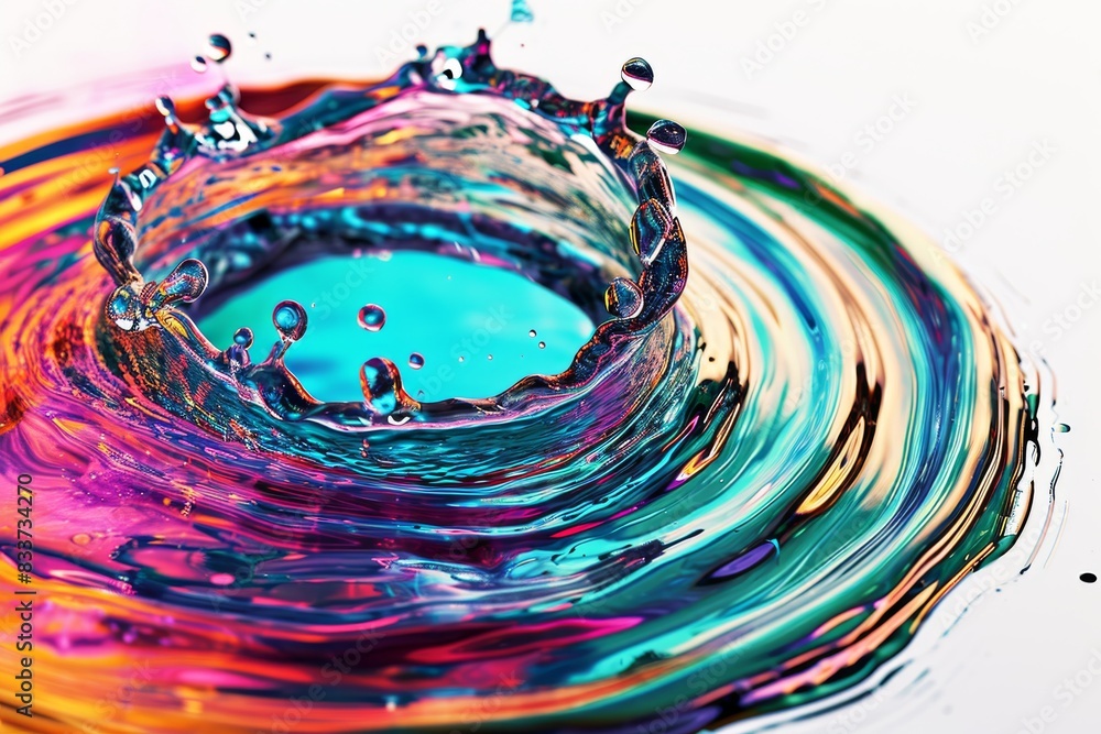 Poster abstract circle liquid motion flow explosion. curved wave colorful pattern with paint drops on a whi