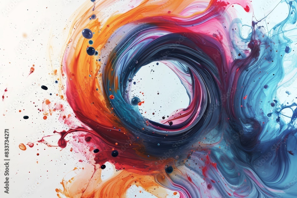 Poster abstract circle liquid motion flow explosion. curved wave colorful pattern with paint drops on a whi