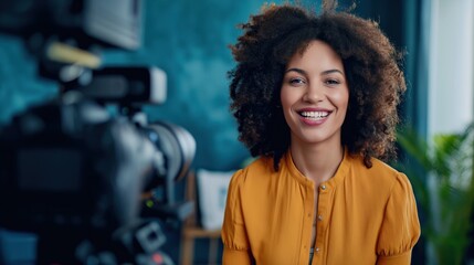 woman content creator doing live streaming in front of a camera