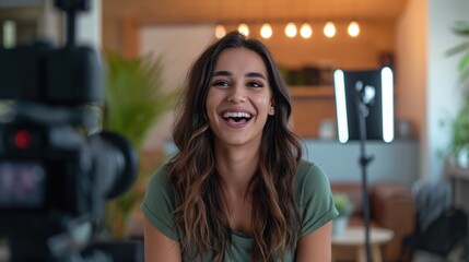 woman content creator doing live streaming in front of a camera