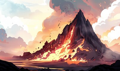 Volcanic eruption. Volcano crater during lava eruption.  Exploding and flowing lava and magma. Natural disaster concept. Cartoon illustration.