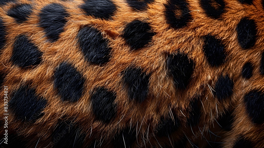 Poster close-up texture of vibrant leopard fur with distinct spotted pattern