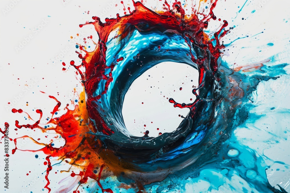 Poster abstract circle liquid motion flow explosion. curved wave colorful pattern with paint drops on a whi
