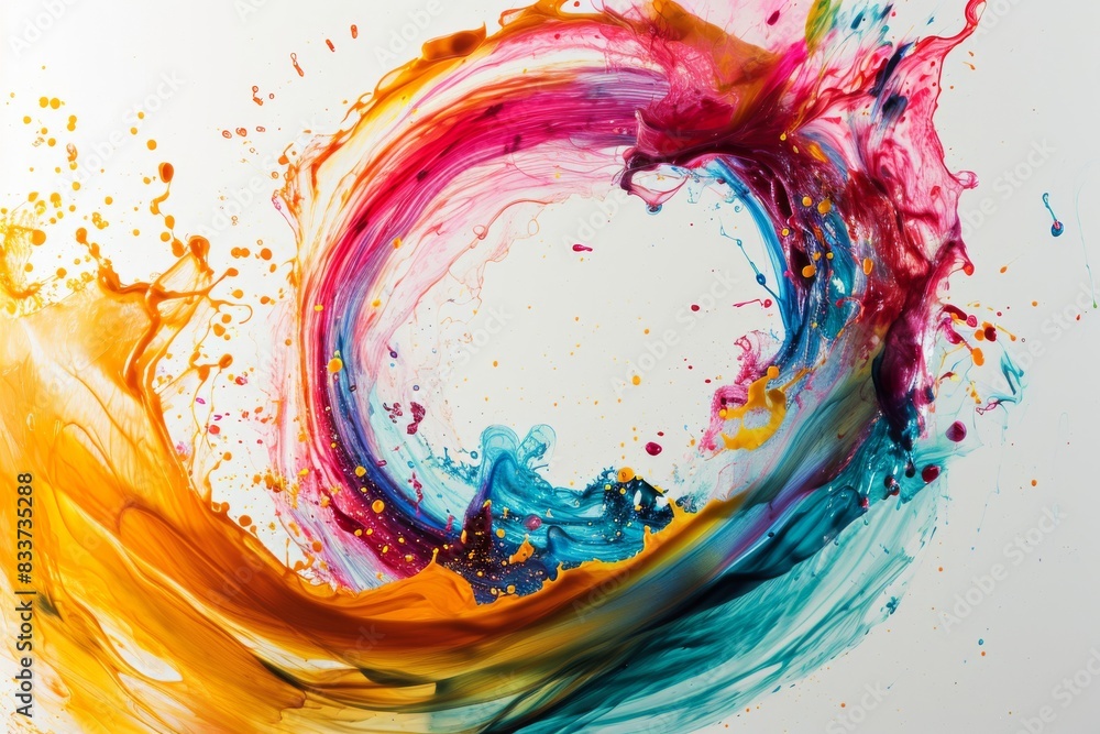Poster abstract circle liquid motion flow explosion. curved wave colorful pattern with paint drops on a whi